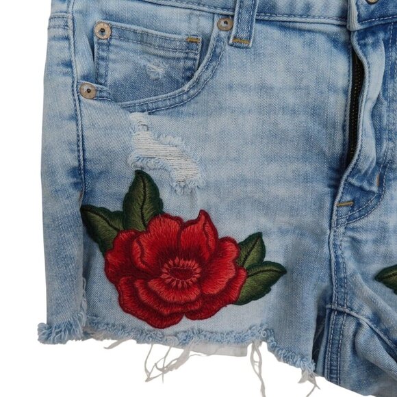 American Eagle Womens 4 Super Stretch Hi Rise Shortie Embroidered Roses Denim - Picture 2 of 9